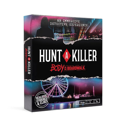 The board game box for 'Hunt a Killer: Body of the Boardwalk' is shown at a three-quarter angle on a plain white background. The box features a dark, atmospheric design with a torn-paper effect revealing a neon-lit city scene underneath, complete with a Ferris wheel and a silhouette of a hooded figure.