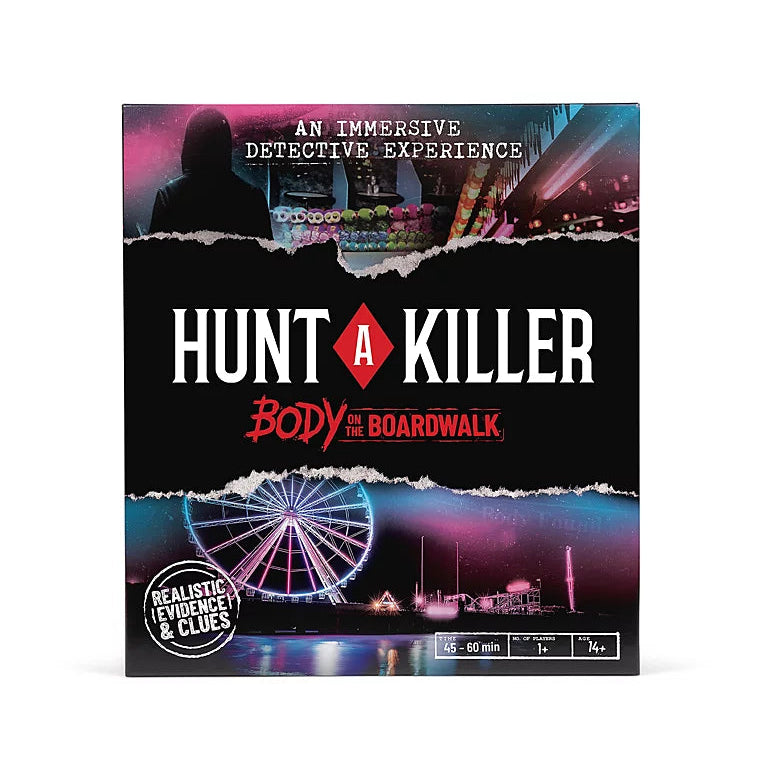 The board game box for 'Hunt a Killer: Body on the Boardwalk' is shown against a plain white background. The box art features a black background with torn paper revealing neon-lit carnival scenes, including a Ferris wheel, and bold white and red text.