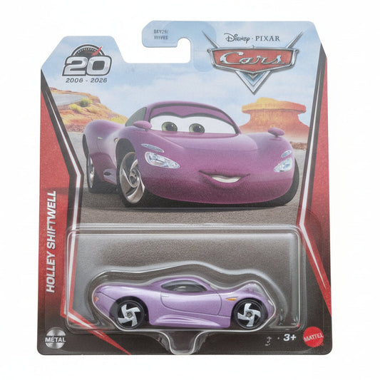 Mattel Disney Pixar Cars Holly Shiftwell die-cast metal toy car in its original blister card packaging, featuring a purple car with black swirled wheels.