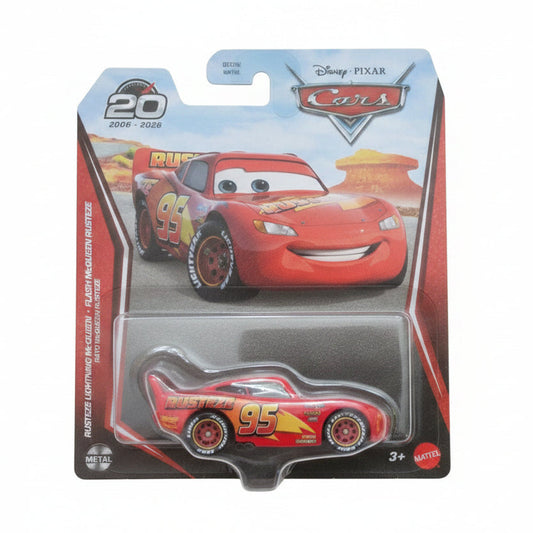 Disney Pixar Cars 20th Anniversary Lightning McQueen die-cast toy car in its original blister card packaging, featuring a red race car with number 95.