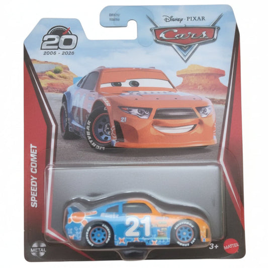Disney Pixar Cars Speedy Comet die-cast toy car in its original blister card packaging, resting on a brown cardboard surface.
