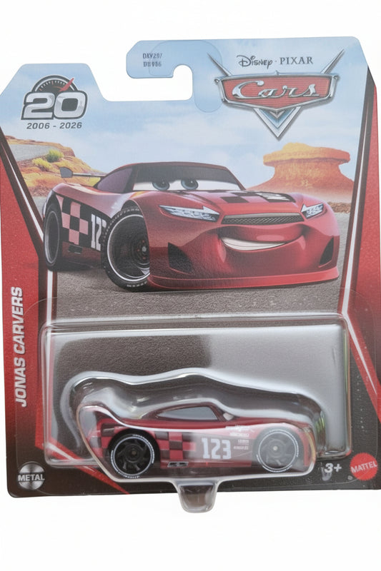 Disney Pixar Cars 20th Anniversary collectible toy car of Jonas Carvers, in its original blister card packaging, displayed on a brown cardboard background.