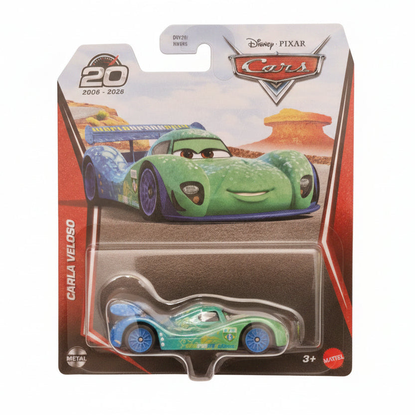 Disney Pixar Cars die-cast toy car of Carla Villoso in its original blister card packaging, displayed on a brown cardboard background.
