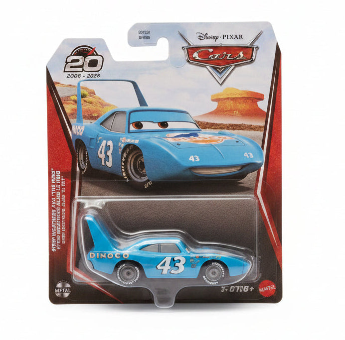 Disney Pixar Cars die-cast toy car in its original blister packaging, featuring The King in a blue race car livery with the number 43.