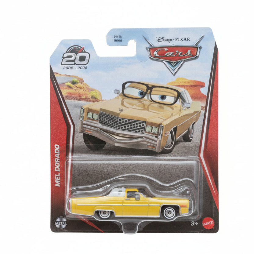 Disney Pixar Cars Mel Dorado toy car in its original blister card packaging, featuring a yellow and white muscle car with black tires.