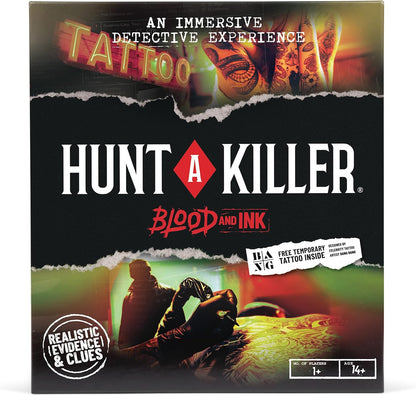 Front of the 'Hunt a Killer: Blood and Ink' board game box, featuring a black background with torn-paper collage elements showing a neon tattoo sign, a tattooed arm, and a dimly lit scene of a person examining a body. The title 'HUNT A KILLER' is prominent in white and red text with a red diamond logo.
