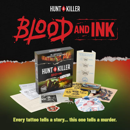 Hunt a Killer Blood and Ink true crime detective game kit displayed on a black, orange, and green gradient background. The kit includes a 3D-printed puzzle box, various printed documents, a small metal scale, and several tattoo sheets and stickers.