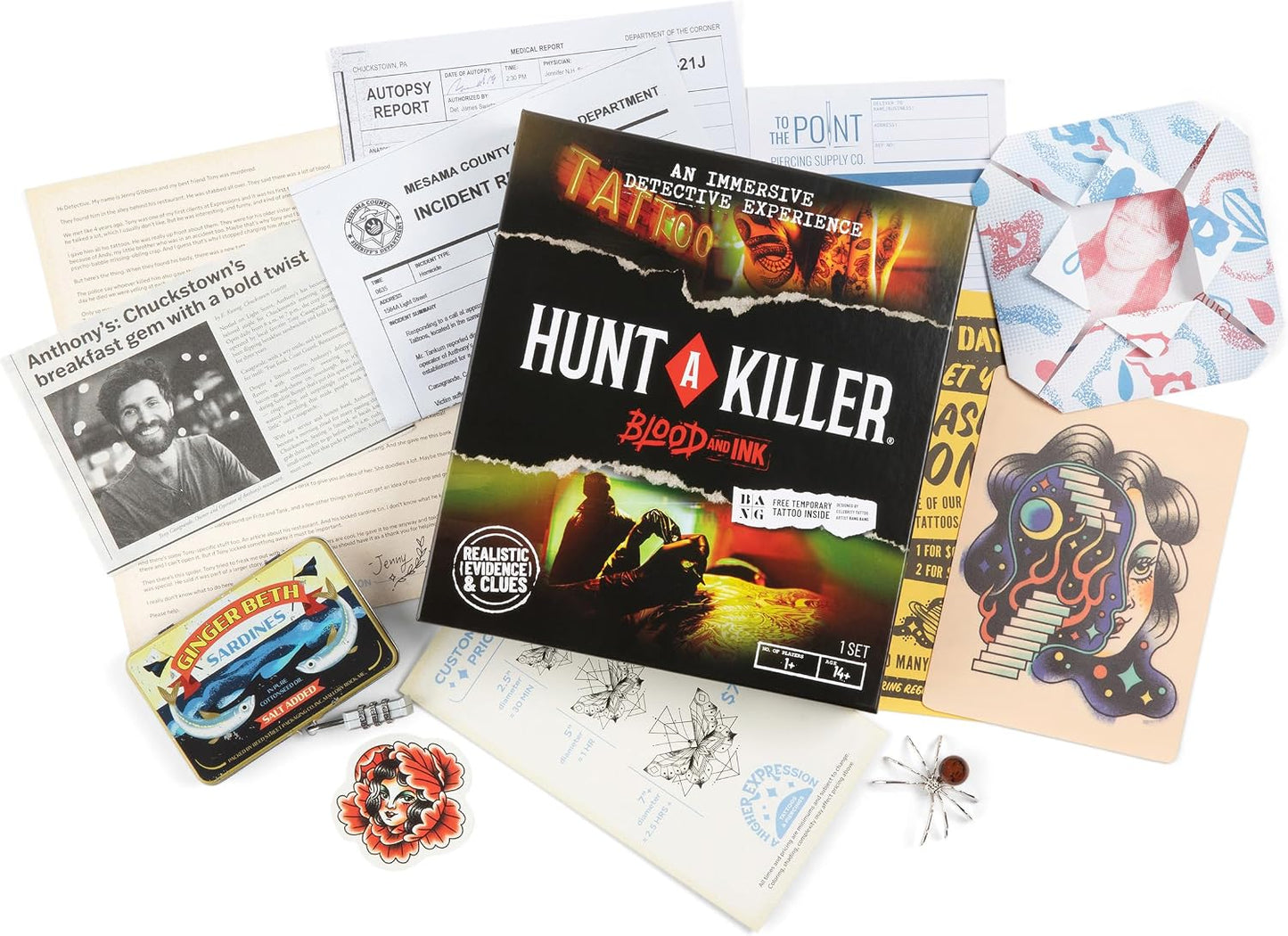 A tabletop flat-lay of the 'Hunt for a Killer' board game and its themed accessories, including printed documents, a vintage-style car magnet, a spider, a pin, and illustrated cards, all arranged on a white background.