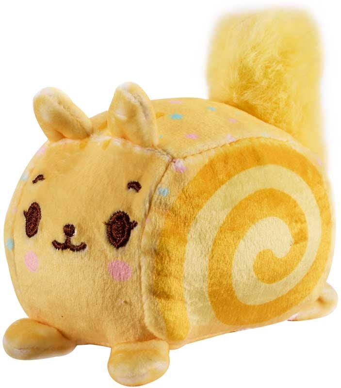 Yellow plush toy resembling a cat with a spiral design on a white background