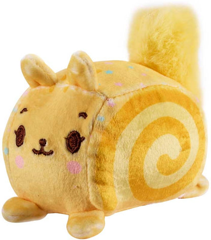 Yellow plush toy resembling a cat with a spiral design on a white background