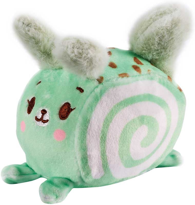 Plush toy resembling a green and white snail with brown spots on a white background