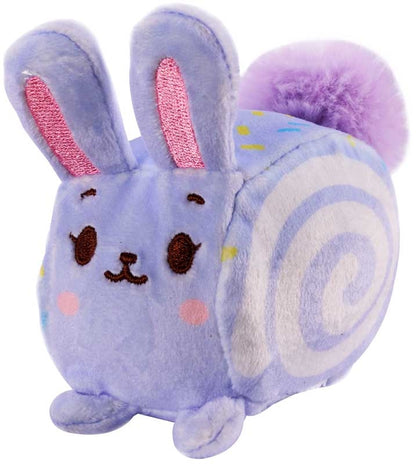Plush toy resembling a rabbit with a spiral design on a white background