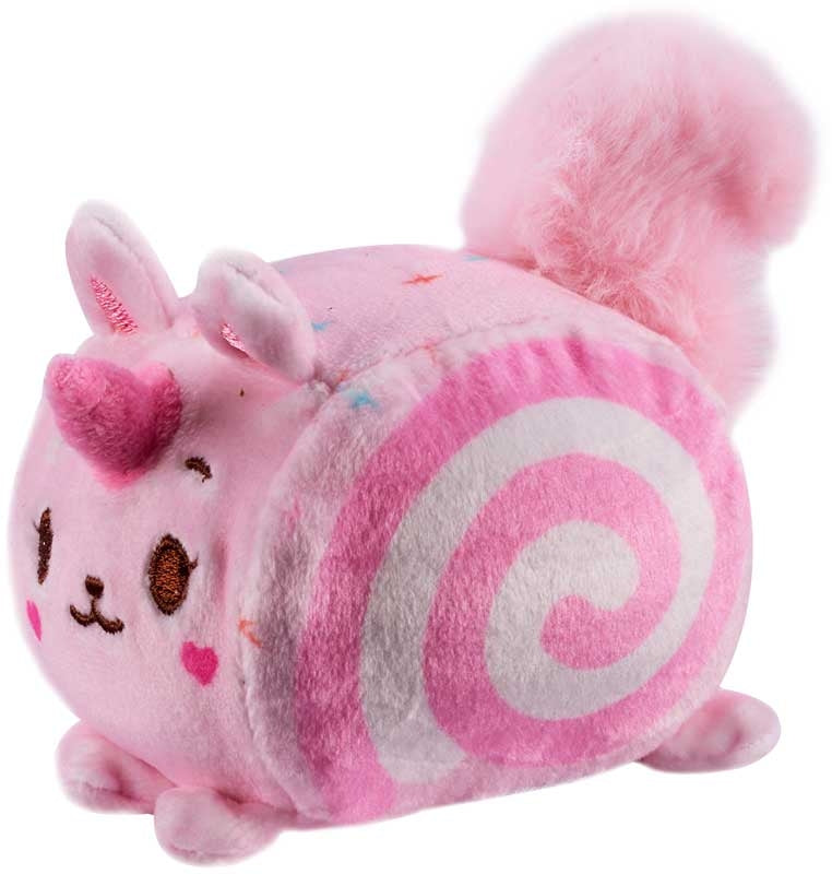Pink plush toy with a spiral design on a white background